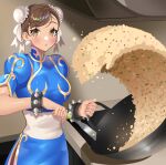  1girl :o absurdres bangs blush breasts brown_eyes brown_hair bun_cover chinese_clothes chun-li cooking daniaeru earrings eyebrows_visible_through_hair food fried_rice hair_behind_ear highres jewelry juliet_sleeves long_sleeves looking_at_viewer medium_breasts meme photo-referenced puffy_sleeves solo street_fighter wok 