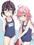  ahoge black_hair black_swimsuit blue-framed_eyewear blue_swimsuit cowboy_shot double_bun flat_chest glasses green_eyes kantai_collection looking_at_viewer makigumo_(kancolle) multicolored_hair name_tag okinami_(kancolle) okitarou_(okiyo) pink_hair school_uniform short_hair swimsuit twintails two-tone_background undressing white_background yellow_eyes 