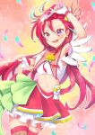 1girl absurdres aqua_hair armpit_peek arms_up commentary crop_top cure_flamingo feathers fishnet_legwear fishnets gloves hair_between_eyes highres holding long_hair midriff multicolored_hair navel open_mouth precure redhead shuu_(mniarnoakou) smile thigh-highs thighs tropical-rouge!_precure very_long_hair violet_eyes white_gloves zettai_ryouiki 