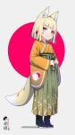  1girl animal_ear_fluff animal_ears bangs black_footwear blonde_hair blue_eyes blush boots brown_kimono closed_mouth commentary_request eyebrows_visible_through_hair fox_ears fox_girl fox_tail full_body green_hakama grey_background hakama high_heel_boots high_heels highres japanese_clothes kimono kuro-chan_(kuro_kosyou) kuro_kosyou long_sleeves looking_at_viewer original red_background short_eyebrows short_hair smile solo standing tail thick_eyebrows two-tone_background wide_sleeves 