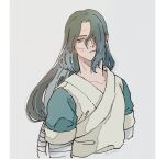  1boy absurdres black_eyes blood blood_on_face cropped_torso cuts grey_background hair_over_one_eye highres injury otjmohu short_sleeves simple_background solo the_legend_of_luo_xiaohei upper_body wuxian_(the_legend_of_luoxiaohei) 