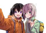  2girls :d backpack bag bangs black_hair black_shirt blush closed_mouth commentary_request eyebrows_visible_through_hair flying_sweatdrops green_eyes green_jacket grey_hair hair_between_eyes highres hood hood_down hooded_jacket jacket kuraue_hinata long_sleeves looking_at_viewer multiple_girls open_clothes open_jacket open_mouth orange_jacket ramu_(taka1995) selfie shirt simple_background smile sweat twintails upper_body violet_eyes white_background yama_no_susume yukimura_aoi 