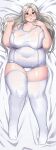  1girl absurdres arm_up bangs blush breasts covered_navel eyebrows_visible_through_hair full_body glasses grey_hair highres large_breasts last_origin long_hair looking_at_viewer lying navel one-piece_swimsuit open_mouth playing_with_own_hair plump prototype_labiata red_eyes shiny shiny_hair shiny_skin skindentation solo swimsuit tajyador tareme thick_thighs thigh-highs thighs white_swimsuit 