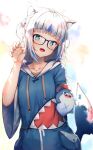  1girl :d absurdres animal_ear_fluff animal_ears bangs bespectacled black-framed_eyewear bloop_(gawr_gura) blue_eyes blue_hair blue_hoodie blunt_bangs blush breasts cat_ears claw_pose collarbone contrapposto cowboy_shot eyebrows_visible_through_hair fish_tail gawr_gura glasses hair_ornament highres hololive hololive_english hood hood_down hoodie ijac_ray kemonomimi_mode long_hair long_sleeves looking_at_viewer multicolored_hair nail_polish open_mouth shark_tail sharp_teeth silver_hair small_breasts smile streaked_hair tail teeth virtual_youtuber wide_sleeves 