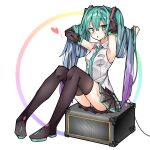  1girl ai_cao armpits arms_up bangs bare_shoulders black_footwear black_legwear black_skirt black_sleeves blue_hair blush boots breasts collared_shirt commentary_request detached_sleeves eyebrows_visible_through_hair full_body gradient_hair green_eyes green_hair hair_between_eyes hatsune_miku heart highres long_hair long_sleeves looking_at_viewer multicolored_hair parted_lips pleated_skirt purple_hair shirt skirt sleeveless sleeveless_shirt small_breasts solo thigh-highs thigh_boots twintails very_long_hair vocaloid white_background white_shirt wide_sleeves zettai_ryouiki 
