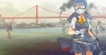  4girls adapted_turret amatsukaze_(kancolle) ascot blouse blue_hair cannon commentary_request cowboy_shot dress goggles grey_skirt hatsukaze_(kancolle) highres hime_cut kantai_collection kusakabe_(kusakabeworks) machinery mask mouth_mask multiple_girls outdoors pleated_skirt pollution sailor_dress scenery school_uniform shirt skirt smog smoke solo_focus tokitsukaze_(kancolle) turret vest water white_blouse white_shirt yellow_neckwear yukikaze_(kancolle) 