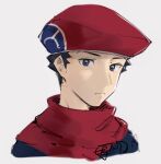  1boy black_hair closed_mouth commentary english_commentary grey_eyes grey_shirt hat hazel0217 highres looking_at_viewer lucas_(pokemon) male_focus older pokemon pokemon_(game) pokemon_dppt portrait red_headwear red_scarf scarf shirt short_hair signature sketch solo spiky_hair 