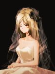  1girl arknights bare_arms bare_shoulders black_background blonde_hair bridal_veil commentary_request dress highres horns ifrit_(arknights) korean_commentary long_hair looking_at_viewer one_eye_closed orange_eyes runamonet simple_background solo strapless strapless_dress upper_body veil white_dress 