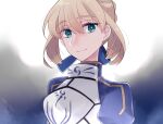  1girl armor armored_dress artoria_pendragon_(all) blonde_hair breastplate fate/stay_night fate_(series) green_eyes hair_ribbon ribbon saber smile solo suzuko_(star8383) 