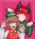  2girls absurdres animal_ears bow bowtie braid brown_eyes brown_hair cat_ears chen chinese_clothes fang hair_bow highres jewelry kaenbyou_rin multiple_girls nekomata open_mouth red_background red_eyes red_vest ribbon touhou vest vinyooki 