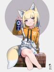  1girl animal_ear_fluff animal_ears arm_support bangs blonde_hair blue_eyes blush can closed_mouth commentary_request cropped_legs crossed_legs drawstring energy_drink eyebrows_visible_through_hair fox_ears fox_girl fox_tail grey_background hand_up highres holding holding_can hood hood_down hoodie kuro-chan_(kuro_kosyou) kuro_kosyou long_sleeves looking_at_viewer orange_hoodie original overall_skirt short_eyebrows sitting smile solo tail thick_eyebrows two-tone_background zone_(energy_drink) 