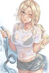  1girl blonde_hair blue_eyes blush collarbone highres holding holding_hose hornet_(kancolle) hose kantai_collection kokuzou long_hair one_eye_closed open_mouth see-through shirt solo wet wet_clothes wet_shirt white_shirt 