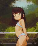  1girl alkemanubis arms_behind_back bikini blue_bikini blush_stickers brown_hair child closed_mouth commentary english_commentary eyebrows_visible_through_hair flat_chest green_eyes highres looking_at_viewer midriff original outdoors short_hair smile solo swimsuit 