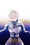  1girl ahoge armor armored_dress artoria_pendragon_(all) blonde_hair cape closed_eyes excalibur_(fate/stay_night) fate/stay_night fate_(series) saber smile solo suzuko_(star8383) sword weapon 