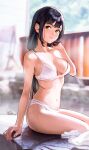  1girl absurdres arm_support bangs bare_arms bare_shoulders bikini black_hair breasts etm_(75220988) grey_eyes hand_up highres long_hair looking_at_viewer medium_breasts navel original sitting smile solo stomach swimsuit thighs white_bikini 