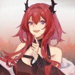  1girl :d arknights artist_name bangs bare_shoulders black_dress breasts dress hair_between_eyes hair_intakes hand_up highres horns index_finger_raised long_hair long_sleeves looking_at_viewer medium_breasts open_mouth redhead shinono_(shinono76) signature smile solo surtr_(arknights) upper_body violet_eyes 