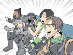  4boys apex_legends armor black_eyes black_gloves black_hair black_headwear bungaw clenched_hands cropped_vest crypto_(apex_legends) dark_skin dark_skinned_male emphasis_lines facial_hair fingerless_gloves gaijin_4koma gibraltar_(apex_legends) gloves goggles green_sleeves green_vest grey_gloves hair_bun jacket male_focus mask meme mirage_(apex_legends) mouth_mask multiple_boys octane_(apex_legends) pointing sanpaku sitting stubble vest white_jacket 