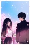  1boy 1girl :d artist_logo bangs black_hair black_jacket black_skirt blush border cherry_blossoms chitanda_eru closed_eyes day from_behind gakuran highres hyouka jacket kamiyama_high_school_uniform long_hair long_sleeves looking_at_another looking_to_the_side mery_(yangmalgage) open_mouth oreki_houtarou outdoors outside_border pants petals pleated_skirt railing school_uniform serafuku shirt short_hair skirt sky sleeve_pull smile white_border white_shirt 