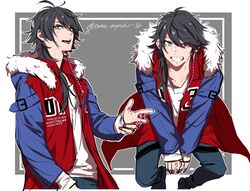  1boy arisugawa_dice blue_hair cube dice fang fur_trim grey_background heterochromia highres hypnosis_mic jacket long_hair long_sleeves looking_at_viewer male_focus red_eyes side_ponytail simple_background sitting smile solo take_bayashi_3d twitter_username 