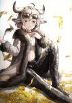  1girl :3 :q absurdres ahoge animal_ears bangs black_choker black_pants blush breasts choker chromatic_aberration closed_mouth cow_ears cow_girl cow_horns cow_tail crop_top eyebrows_visible_through_hair eyewear_on_head fang fur-trimmed_jacket fur_trim grey_eyes grey_hair groin hair_between_eyes hand_on_own_chest highres horns huge_filesize jacket knee_up latex latex_pants long_sleeves looking_at_viewer midriff mirage_(rairudiseu) money money_rain navel open_clothes open_jacket original pants shadow shirt short_hair sidelocks simple_background sitting skin_fang small_breasts smile solo sunglasses symbol_commentary tail tongue tongue_out white_background white_jacket white_shirt 