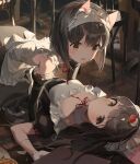  2girls absurdres all_fours animal_ear_fluff animal_ears apron azur_lane bangs bare_shoulders black_hair black_skirt black_sleeves blurry blurry_background blush breasts broken broken_plate brown_eyes choyeon collar commentary_request depth_of_field detached_collar detached_sleeves eyebrows_visible_through_hair food food_on_head fox_ears frilled_apron frills fruit girl_on_top gloves hair_between_eyes highres indoors juliet_sleeves long_hair long_sleeves lying maid_headdress menu multiple_girls mutsu_(azur_lane) nagato_(azur_lane) neck_ribbon object_on_head on_back open_mouth puffy_sleeves red_ribbon ribbon shirt short_hair skirt sleeveless sleeveless_shirt small_breasts strawberry very_long_hair waitress white_apron white_collar white_gloves white_shirt wing_collar 