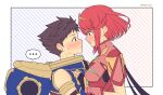  1boy 1girl azurda_(xenoblade) bangs blush brown_hair couple earrings eye_contact fingerless_gloves gem gloves hair_ornament headpiece height_difference highres imminent_kiss jewelry looking_at_another mochimochi_(xseynao) pyra_(xenoblade) red_eyes redhead rex_(xenoblade) short_hair simple_background size_difference spiky_hair swept_bangs tiara xenoblade_chronicles xenoblade_chronicles_(series) xenoblade_chronicles_2 