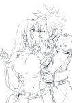  1boy 1girl armor breasts cloud_strife crop_top final_fantasy final_fantasy_vii final_fantasy_vii_remake fingerless_gloves gloves greyscale hetero kiss long_hair low-tied_long_hair midriff monochrome navel short_hair shoulder_armor skirt spiky_hair spykeee1945 suspender_skirt suspenders tifa_lockhart 