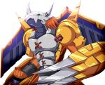  armor breastplate brown_hair claws clenched_hand commentary_request digimon digimon_(creature) digimon_adventure from_side green_eyes helmet horns looking_up no_humans pandacross simple_background solo wargreymon white_background wings 