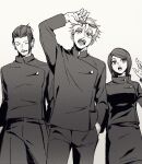  1girl 2boys arm_up bangs closed_eyes cowboy_shot ear_piercing eyewear_on_head gakuran getou_suguru gojou_satoru greyscale hair_pulled_back hand_in_pocket highres ieiri_shoko jacket jujutsu_kaisen looking_away mole mole_under_eye monochrome multiple_boys open_mouth pants piercing round_eyewear saamon_(dream81come) school_uniform short_hair simple_background skirt smile standing sunglasses swept_bangs 