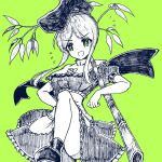  1girl :d apron bamboo bangs bow bright_pupils buttons dress eyebrows_visible_through_hair green_background green_eyes greyscale gurajio hand_on_hip hat holding_plant looking_at_viewer monochrome open_mouth shoes short_hair_with_long_locks short_sleeves simple_background smile solo standing tate_eboshi teireida_mai touhou v-shaped_eyebrows waist_apron white_pupils 