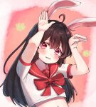  1girl ahoge animal_ears arms_up brown_hair bunny_pose crop_top highres kosobin long_hair looking_at_viewer navel original rabbit_ears red_eyes school_uniform serafuku shirt short_sleeves smile solo white_shirt 