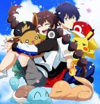  1boy 1girl bangs bike_shorts black_hair brown_hair bulbasaur charmander closed_mouth clothes_around_waist confetti eevee eyelashes fire floating_hair gen_1_pokemon gotcha! gotcha!_boy_(pokemon) gotcha!_girl_(pokemon) grey_skirt hatted_pokemon hirako holding holding_pokemon jacket long_hair long_sleeves loose_socks multi-tied_hair open_mouth pants pikachu pleated_skirt pokemon pokemon_(creature) short_sleeves skirt smile squirtle teeth tongue twintails zipper |d 