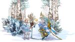  2girls absurdres antlers bangs blonde_hair blue_dress blue_eyes blue_hair blush bush christmas_ornaments dress flat_chest floating_hair forest fur_scarf gloves greatwhite1122 gundam gundam_narrative hair_behind_ear highres holding holding_staff horns huge_filesize looking_at_viewer mecha_musume multicolored_hair multiple_girls nature open_hands personification rita_bernal single_horn smile snow staff streaked_hair twintails unicorn_gundam_phenex white_dress white_gloves winter 