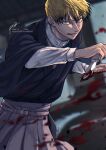  1000_(user_1527793) 1boy :q bangs black_eyes black_kimono blonde_hair blood bloody_weapon cowboy_shot ear_piercing fighting_stance hakama highres holding holding_knife japanese_clothes jujutsu_kaisen kimono knife long_sleeves male_focus piercing repost_notice reverse_grip shirt short_hair smile solo standing tongue tongue_out twitter_username weapon white_shirt wide_sleeves zenin_naoya 