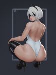  1girl absurdres ass bare_arms black_blindfold black_footwear black_hairband blindfold boots hairband high_heel_boots high_heels highleg highleg_leotard highres leotard lips looking_back mole mole_under_mouth nier_(series) nier_automata riz short_hair shoulder_blades silver_hair solo squatting thigh-highs thigh_boots white_leotard yorha_no._2_type_b 