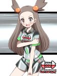  1girl alternate_costume blush brown_eyes brown_hair collared_shirt commentary_request cowboy_shot eyelashes hair_bobbles hair_ornament highres jasmine_(pokemon) long_hair looking_at_viewer open_mouth pokemon pokemon_(game) pokemon_hgss pokemon_swsh shabana_may shirt short_sleeves shorts side_slit side_slit_shorts solo sweat tongue two_side_up 