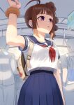  ahoge armpits backpack bag bangs blue_sailor_collar blue_skirt brown_hair drill_hair earphones earphones ears eyebrows_visible_through_hair facing_to_the_side food idolmaster idolmaster_million_live! kamille_(vcx68) nail_polish open_mouth red_neckwear sailor_collar school_uniform scrunchie serafuku shirt side_drill sidelocks skirt solo_focus standing sunlight takoyaki train_interior violet_eyes white_shirt wrist_scrunchie yokoyama_nao 