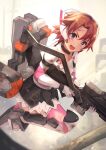  1girl armor assassin_(danball_senki) backpack bag bangs breasts choker commentary_request cowengium danball_senki dirty dirty_clothes dirty_face elbow_gloves exoskeleton gloves gun headset highres looking_at_viewer mecha_musume miniskirt orange_hair pink_legwear rifle riko_(soukou_musume_senki) short_hair skirt small_breasts sniper_rifle solo soukou_musume_senki thigh-highs violet_eyes weapon white_gloves 