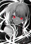 1girl absurdres bangs black_background greyscale high_collar highres kuwashima_rein long_hair looking_at_viewer monochrome original red_eyes sleeveless solo spot_color zipper zipper_pull_tab 
