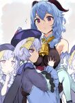  4girls ahoge bangs bell blue_hair blush braid breast_grab breasts carrying commentary cowbell ganyu_(genshin_impact) genshin_impact goat_horns grabbing hat hews highres horns jiangshi large_breasts long_hair long_sleeves looking_at_viewer multiple_girls multiple_persona open_mouth princess_carry purple_hair purple_headwear qing_guanmao qiqi_(genshin_impact) small_breasts talisman violet_eyes 