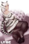  1girl absurdres animal_ear_fluff animal_ears arknights black_legwear couch feet highres indra_(arknights) lybe pantyhose scar scar_on_face short_hair silver_hair smile soles sweater tail thigh-highs tiger_ears tiger_girl yellow_eyes 
