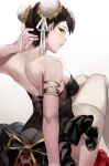  1girl back bangs black_dress blazpu bow breasts brown_hair bun_cover chun-li double_bun dress eyelashes eyeliner hair_ornament highres lips looking_at_viewer looking_back makeup medium_breasts muscular muscular_female solo street_fighter thigh-highs white_legwear 