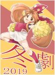  1girl 2019 asuka_120_percent breasts cheerleader commentary_request fang frilled_skirt frills full_body highres jumping kanji long_hair looking_at_viewer multicolored multicolored_background open_mouth orange_background orange_eyes orange_hair outstretched_arms pleated_skirt pom_poms red_background red_legwear red_shirt ribbon shirt shoes short_sleeves skirt sneakers solo suzuki_megumi translation_request twintails white_footwear zangetsumaru 