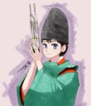  1girl black_hair blue_eyes blush chutohampa hands_up hat holding instrument looking_at_viewer original short_hair signature smile solo 