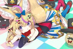  1girl ahoge animal_ears bangs blonde_hair blush bow braid breasts eyebrows_visible_through_hair facial_hair fennec_fox fox_ears fox_girl gloves gold_trim hair_between_eyes hair_ornament hat heart heart-shaped_pupils hololive itaboon long_hair looking_at_viewer lying multicolored_hair mustache omaru_polka on_stomach pink_hair playing_card_theme sideboob single_glove skirt smile solo striped striped_skirt symbol-shaped_pupils tail top_hat violet_eyes virtual_youtuber 