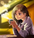  1girl blowing blurry blurry_background brown_eyes brown_hair chutohampa cup grey_sweater highres long_hair long_sleeves original plate signature solo steam sweater 