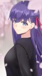  1girl absurdres bangs blush breasts fate/stay_night fate_(series) hair_ribbon highres large_breasts long_hair long_sleeves looking_at_viewer matou_sakura particle_sfs purple_hair red_ribbon ribbon smile solo upper_body violet_eyes 