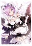  1girl absurdres bangs bed_sheet cosplay dress fate/grand_order fate_(series) hair_over_one_eye highres looking_at_viewer lying maid mash_kyrielight necomi pink_hair re:zero_kara_hajimeru_isekai_seikatsu rem_(re:zero) rem_(re:zero)_(cosplay) scan short_hair solo thigh-highs violet_eyes 