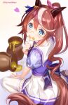  1girl :p animal_ears arm_support between_legs blue_eyes blue_shirt blush bow brown_hair closed_mouth commentary_request food food_on_face fujima_takuya hair_ornament hair_ribbon hand_between_legs heart honey horse_ears horse_girl horse_tail long_hair multicolored_hair pink_ribbon pleated_skirt ponytail puffy_short_sleeves puffy_sleeves purple_bow ribbon shirt short_sleeves sitting skirt smile solo streaked_hair tail thigh-highs tokai_teio tongue tongue_out twitter_username umamusume very_long_hair wariza white_hair white_legwear white_skirt 