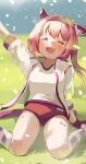  1girl :d absurdres animal_ears blurry blurry_background blush buruma closed_eyes gym_uniform haru_urara_(umamusume) headband highres horse_ears horse_girl horse_tail jersey kneehighs kneeling medium_hair open_mouth outdoors red_buruma seiza sitting smile solo striped striped_legwear tail tasuku_(otomebotan) teardrop thighs umamusume 